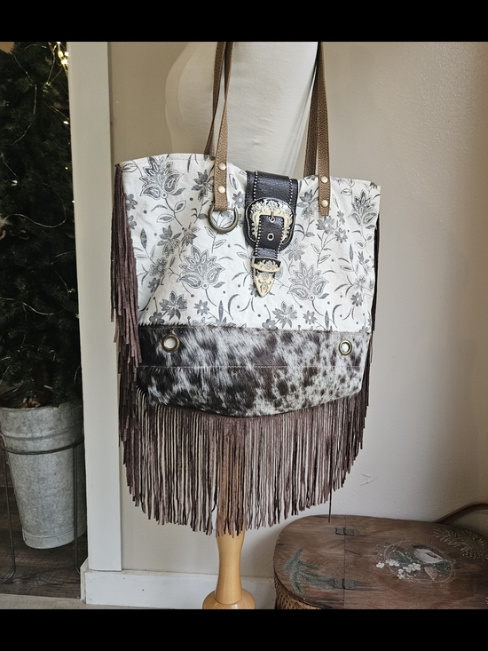 Myra Bag Handbags - Fringe Myra Tote Bag Purse with Cowhide Accent- One Of A Kind